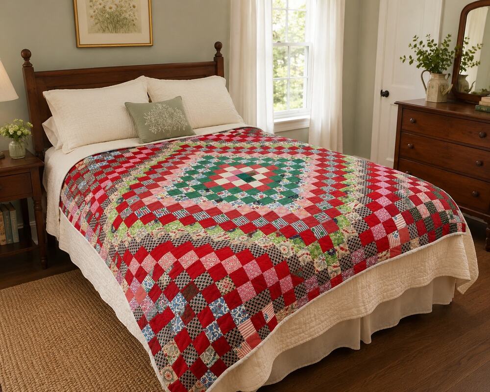 Vintage Hand Pieced Hand Quilted Trip Around the World Quilt 70x72
